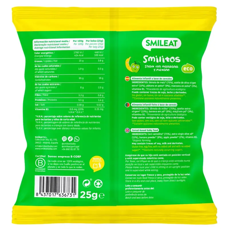 Smileat Smilito Snacks Apple & Banana Eco Smileat , 25 grams - Image 2
